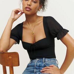 Reformation Delevan Black Short Sleeve Blouse